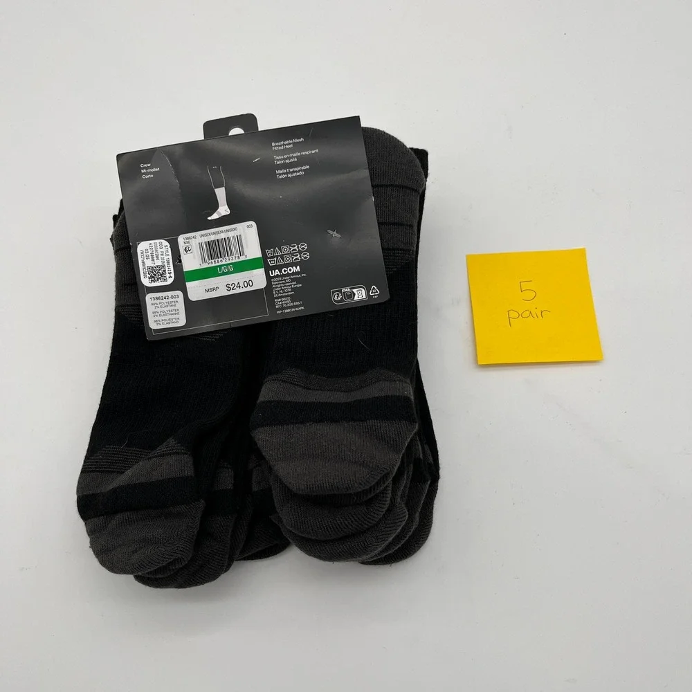 Under Armour Socks Unisex Large Black Performance Tech Crew 5 Pair 1386242-003
